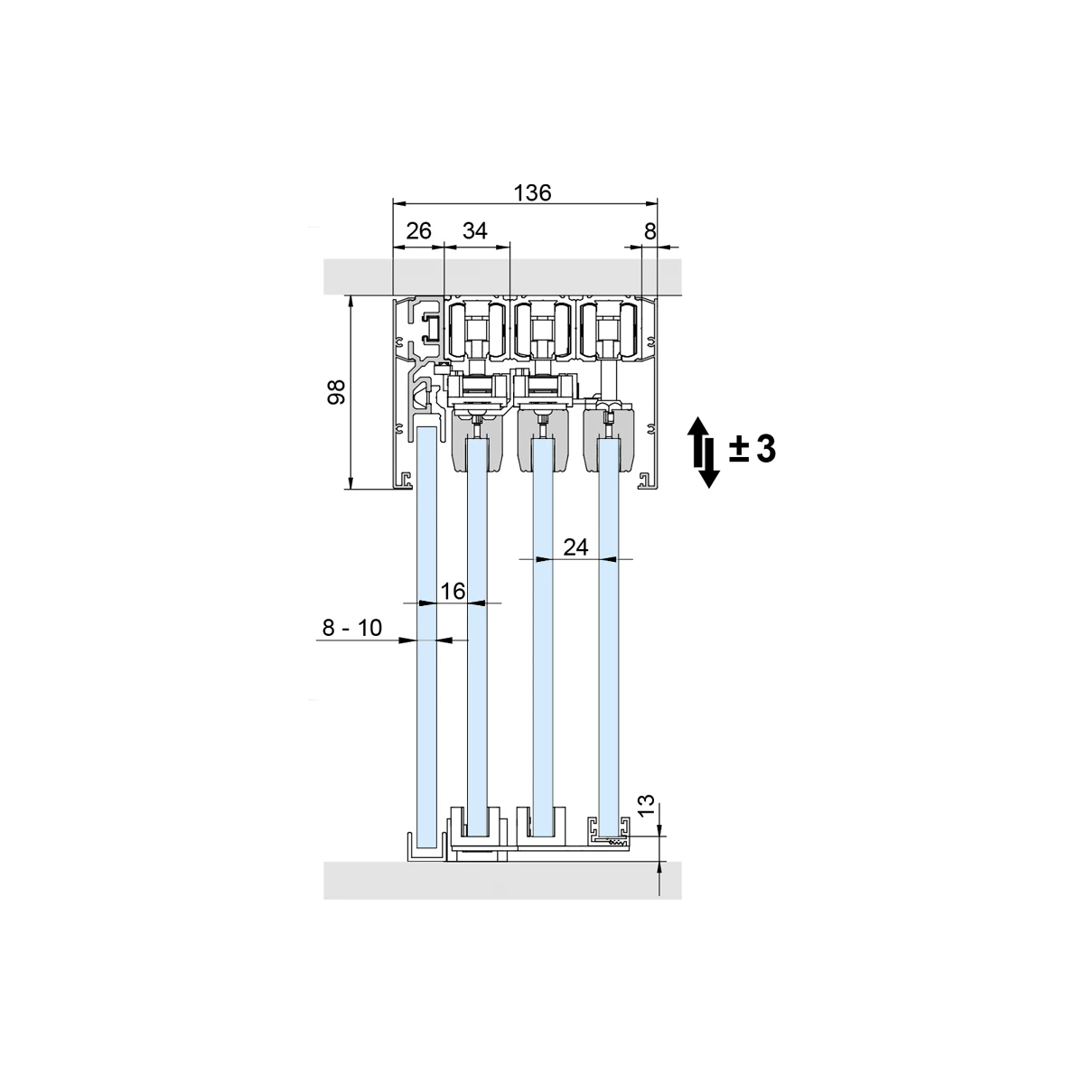 Telescopic sliding door, 3 rails, 2913x30x046 Teleskopisches Schiebetürsystem, 3-läufig, 2913x30x046