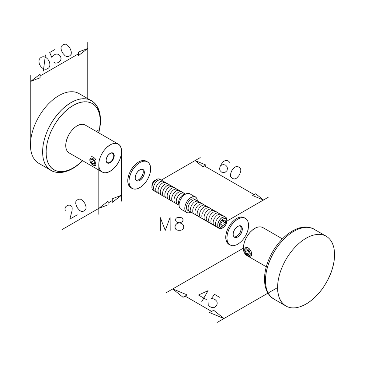 Glass door knob, double-sided, 470115050xx Glastürknopf, zweiseitig, 470115050xx