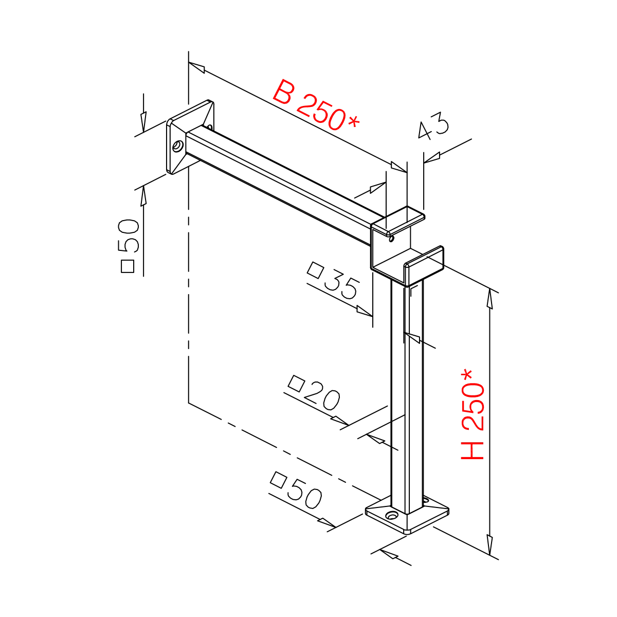 Square tube footrail bracket, 7720212043512 Vierkantrohr-Fusslaufstütze, 7720212043512