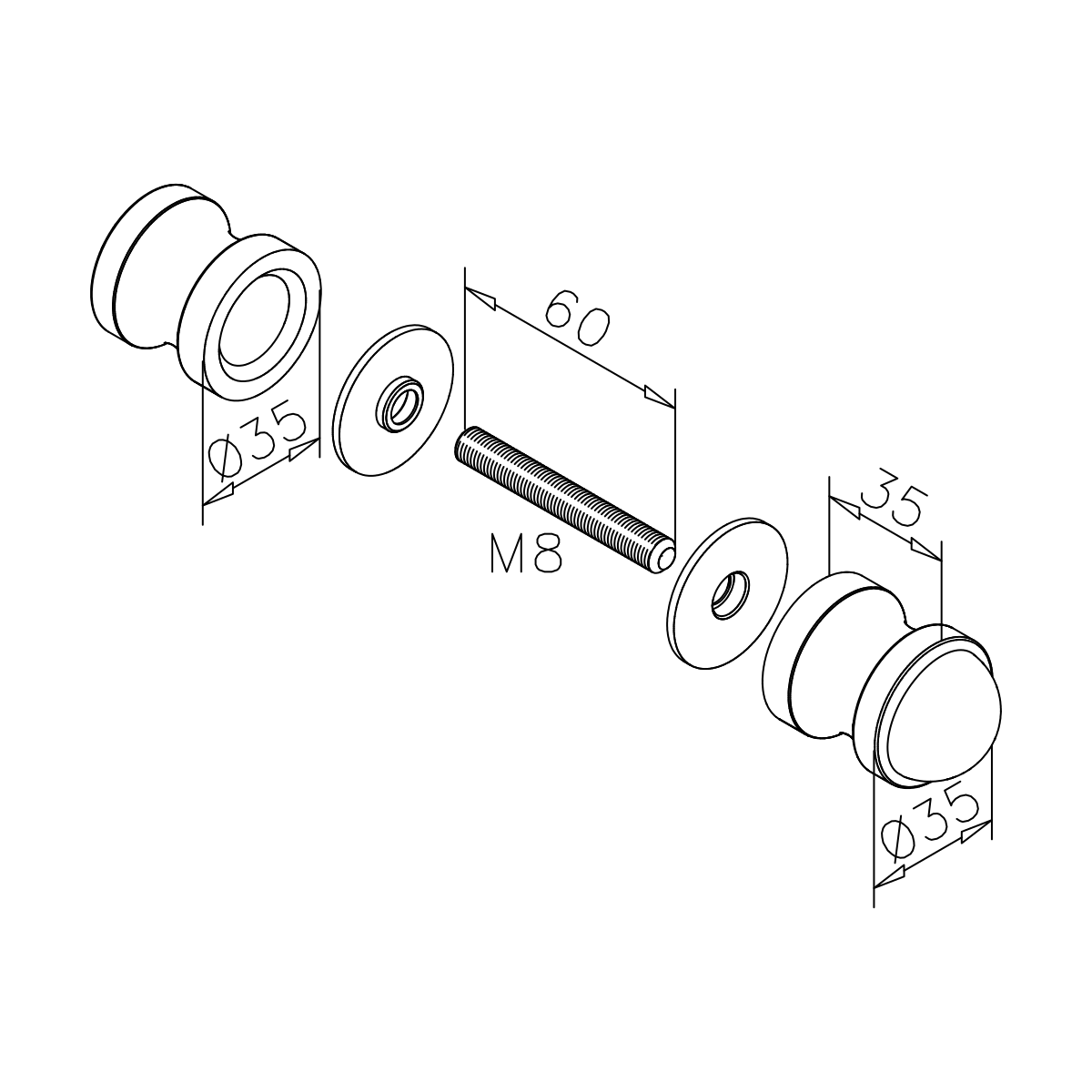 Glass door knob, double-sided with buffer, 77470112035xx Zweiseitiger Türknopf für Glastüren mit Schutzpuffer, 77470112035xx