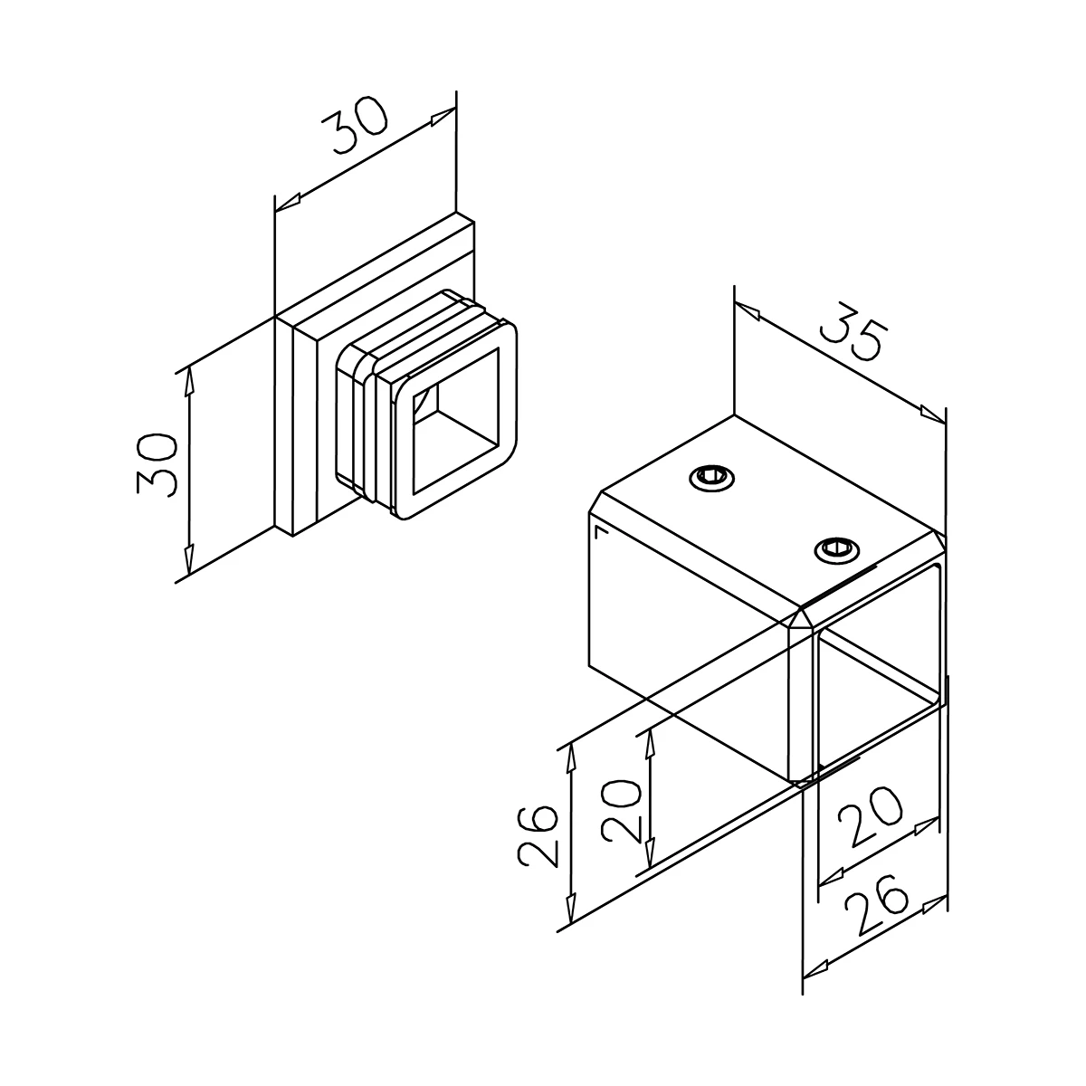 Muur flens 90° voor vierkant buis 20 x 20 mm, 400515420xx Wandflansch 90° für Vierkantrohr 20 x 20 mm, 400515420xx