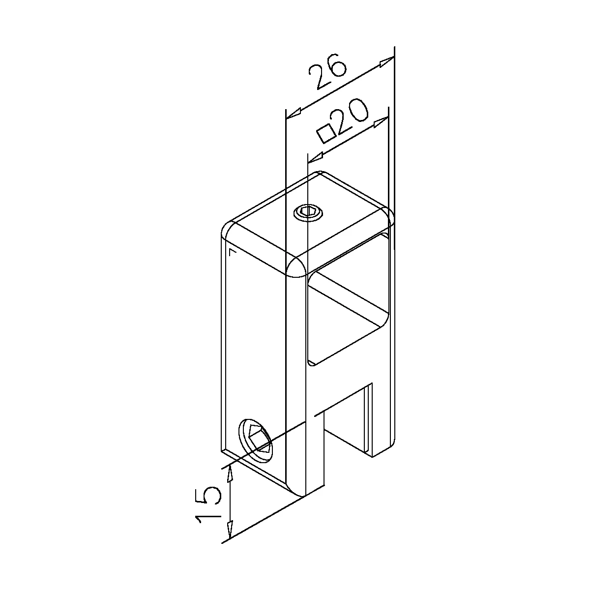 Glass holder open for square tube 20 x 20 mm, 400835420xx Glashalter offen für Vierkantrohr 20 x 20 mm, 400835420xx