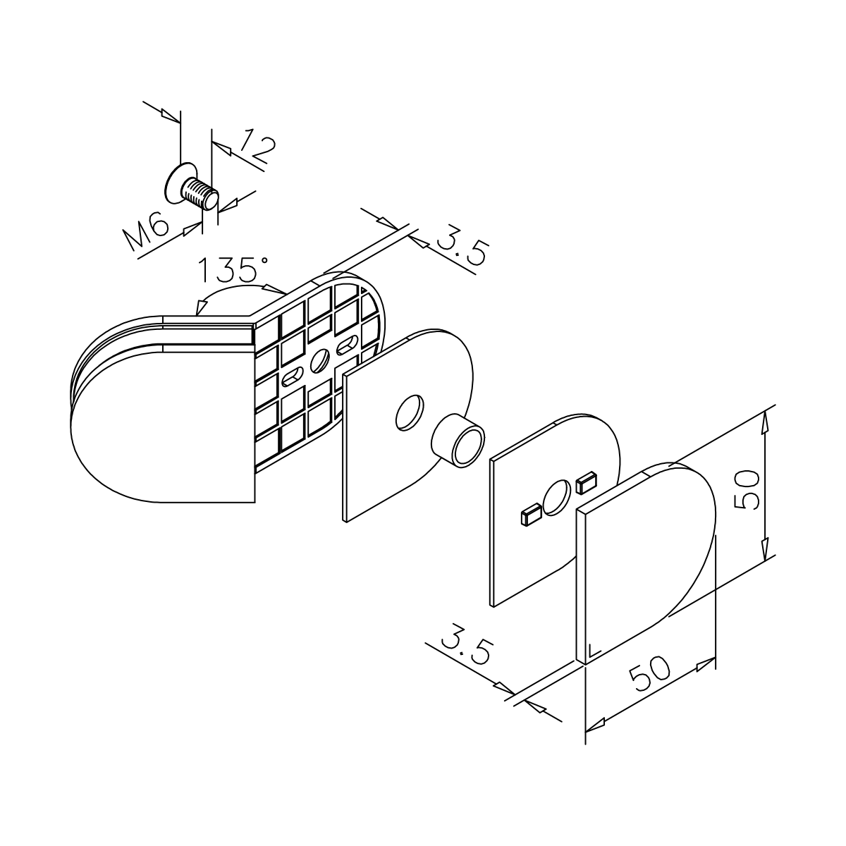 Glasverbinder 135°, abgerundet, 400101135xx