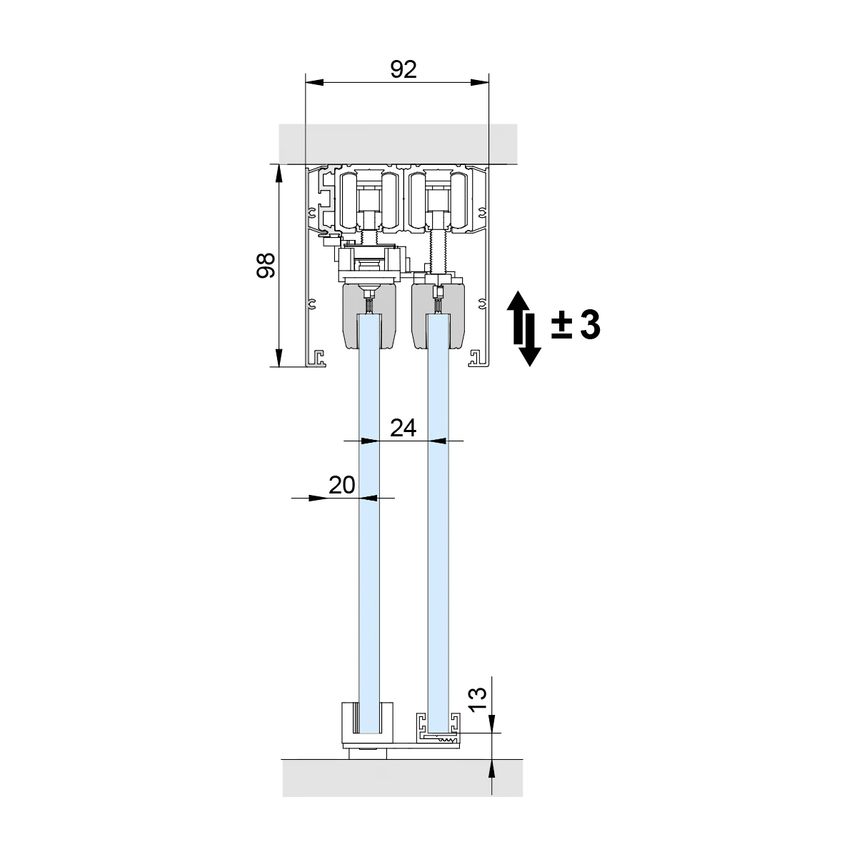 Teleskopisches Schiebetürsystem, 2-läufig, 2913x20x046 Teleskopisches Schiebetürsystem, 2-läufig, 2913x20x046