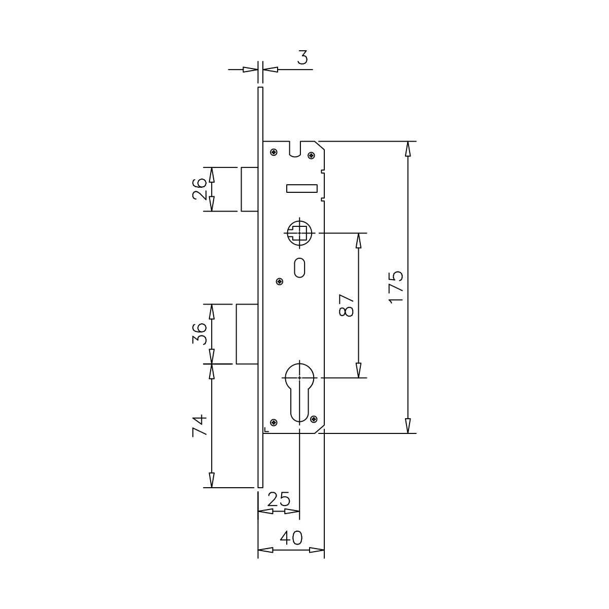 Profiltür-Einsteckschloss für Profilzylinder vorgerichtet, 7745243102512