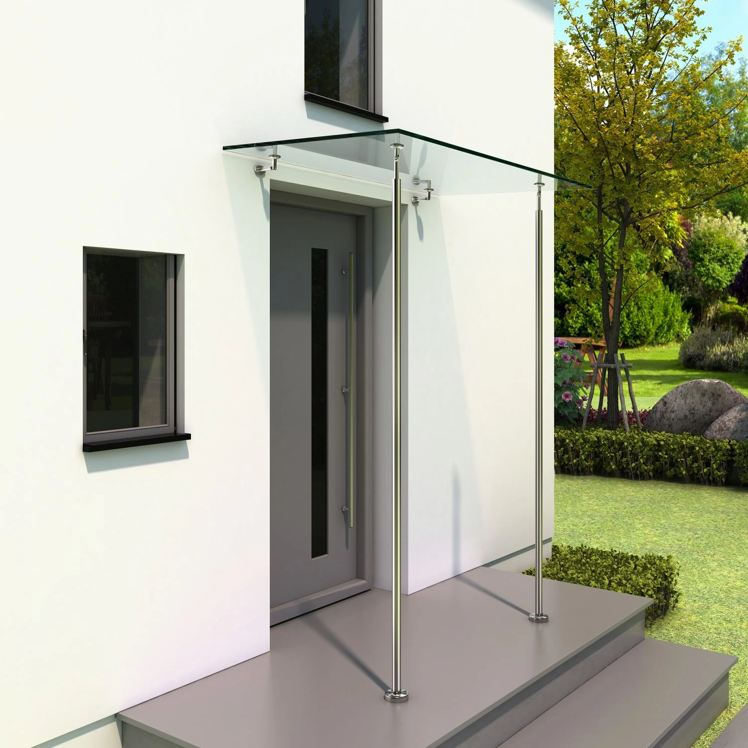 Glass canopy with point holders, 7729201203812 Glasvordach mit Punkthaltern und Rohrstützen, 7729201203812