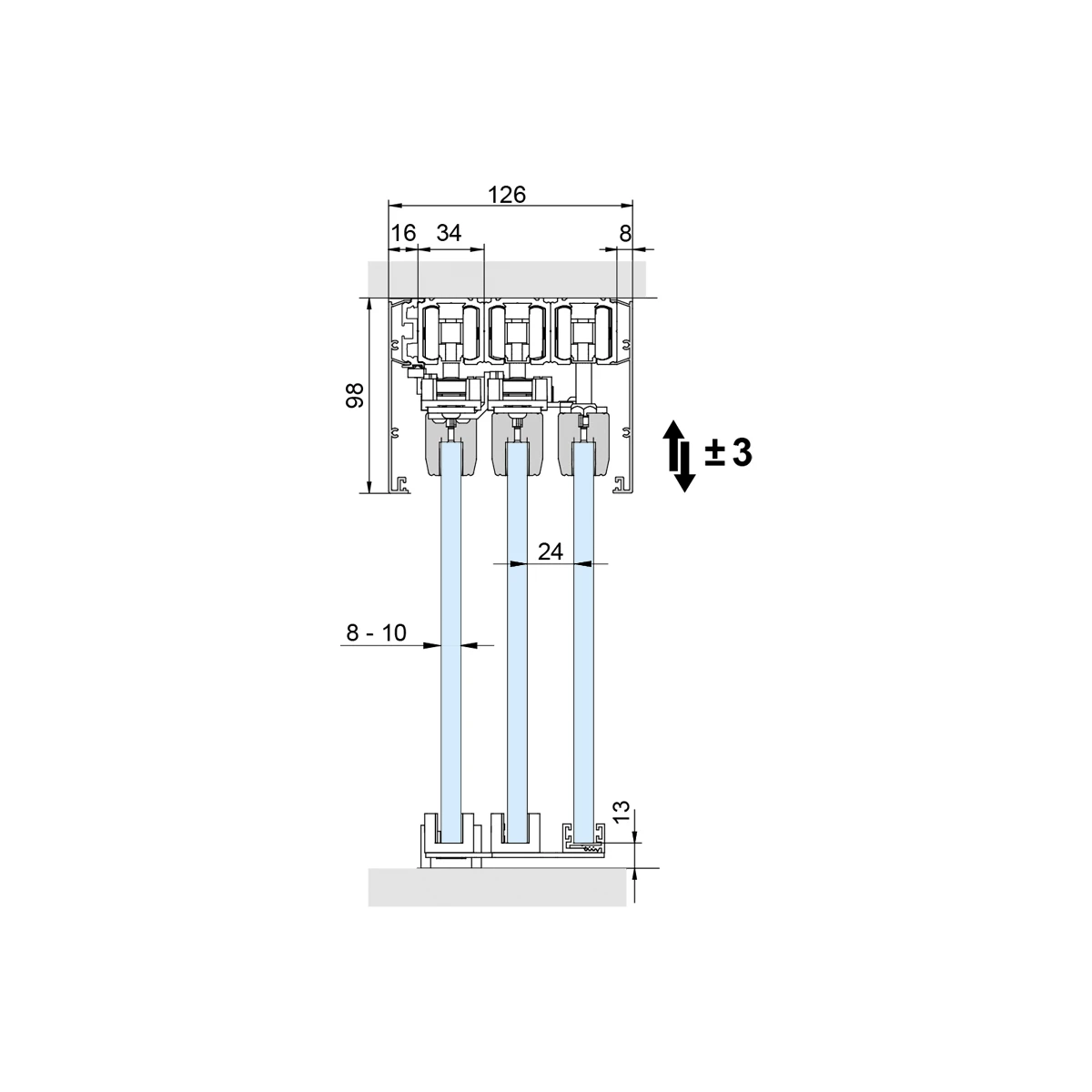 Telescopic sliding door, 3 rails, 2913x30x046 Teleskopisches Schiebetürsystem, 3-läufig, 2913x30x046