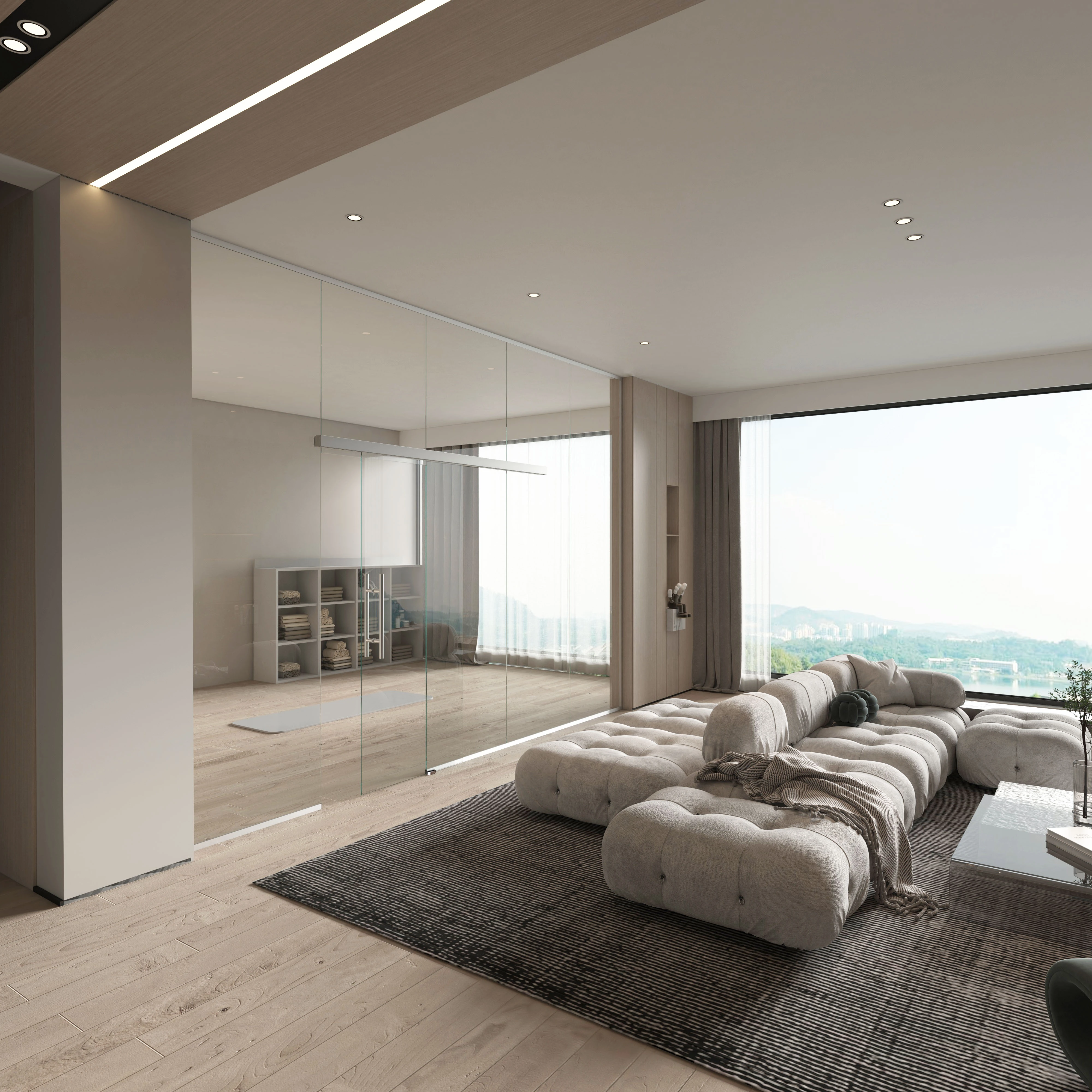 Sliding glass door incl. soft-close mechanism and floor guide, 295070xxxxx Schiebetür aus Glas inkl. Dämpfeinzug und Bodenführung, 295070xxxxx