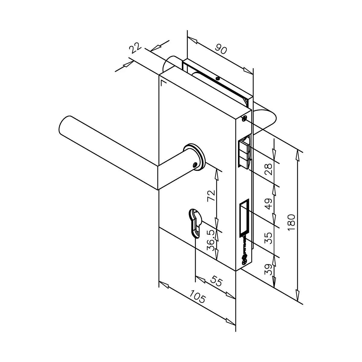 OFFICE Glasdeurslot met krukken, 4529x0002xx OFFICE Glastürschloss mit Drückern, 4529x0002xx
