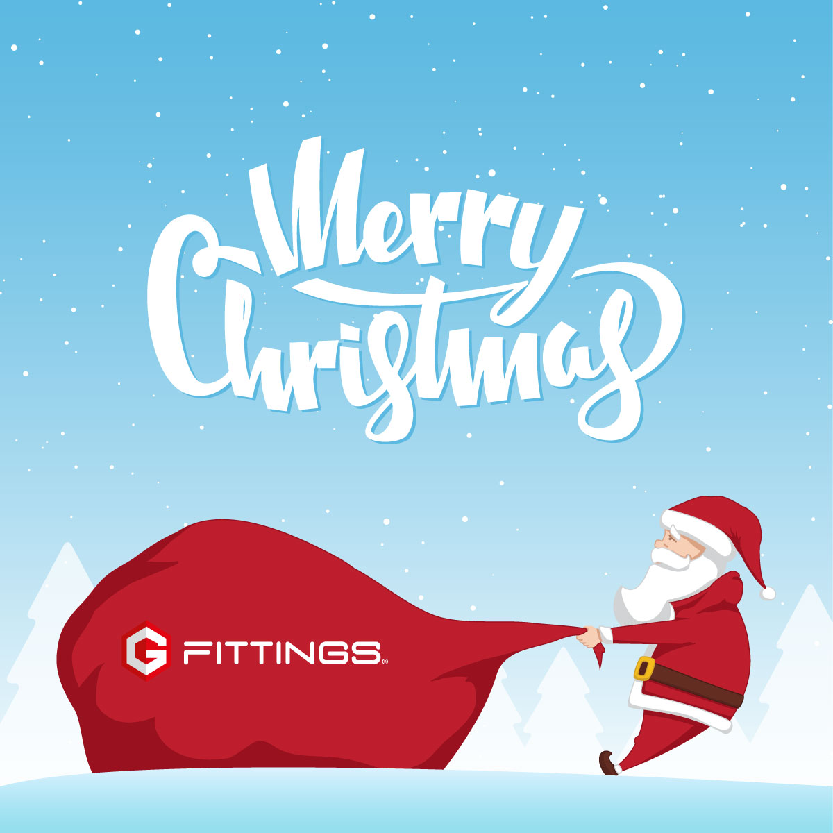 teaser Weihnachts Teaser, auf dem Santa einen großen roten Sacke mit G-Fittings Aufschrift zieht