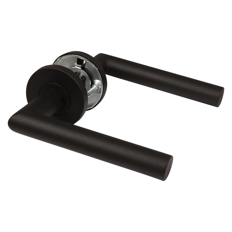 Doorhandle pair on rose, 77476510020-xx Türganitur mit Drücker, L-Form, 77476510020-xx