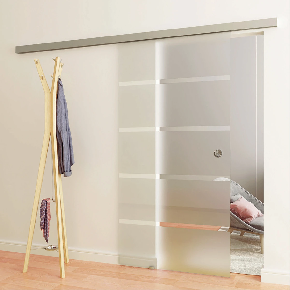 Sliding door including Soft-Close, recessed grip and floor guide, 7746030225046 Schiebetür inklusive Soft-close, Griffmuschel und Bodenführung, 7746030225046