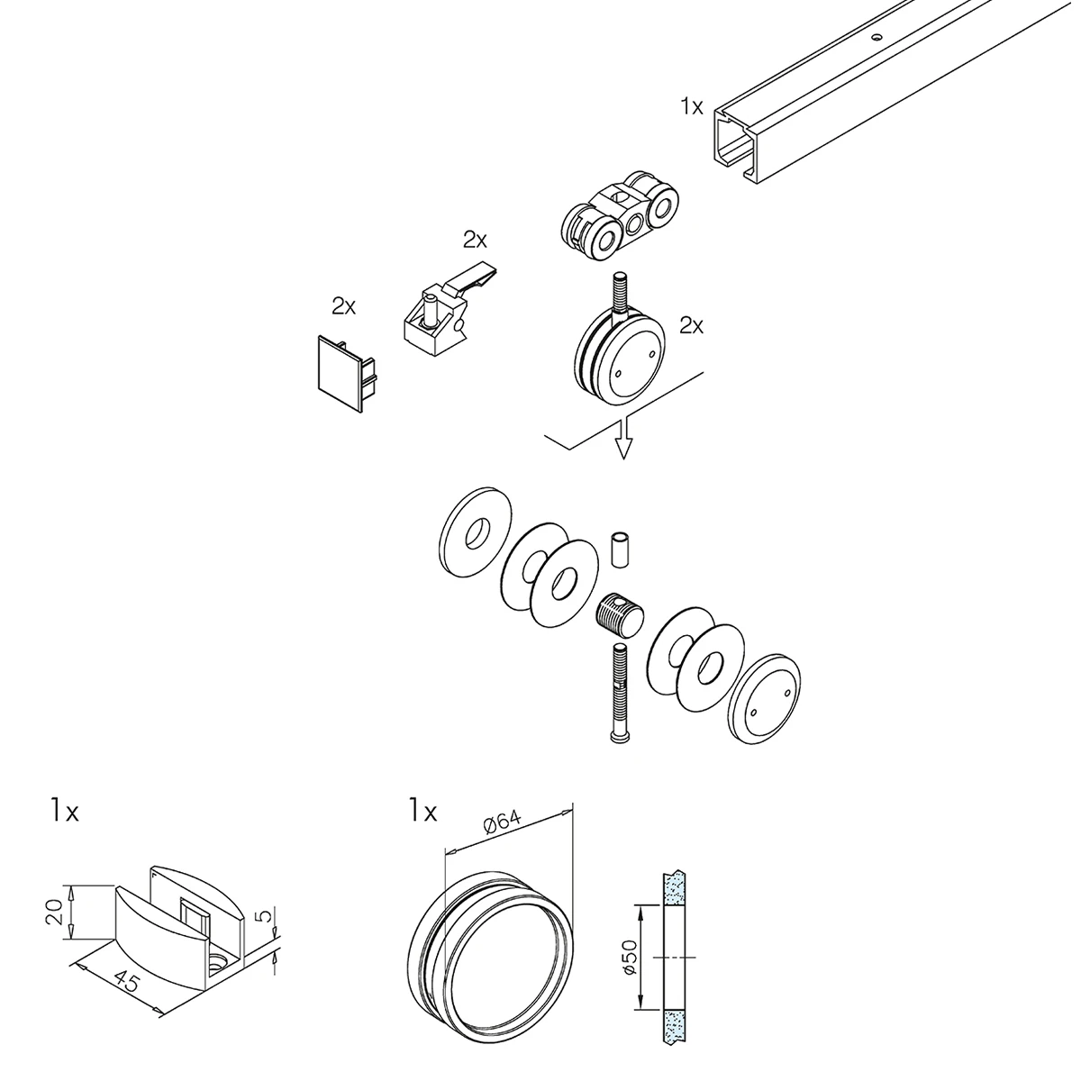 Schuifdeur inclusief komgreep en vloergeleiding, 7746030125046 Schiebetür inklusive Griffmuschel und Bodenführung, 7746030125046