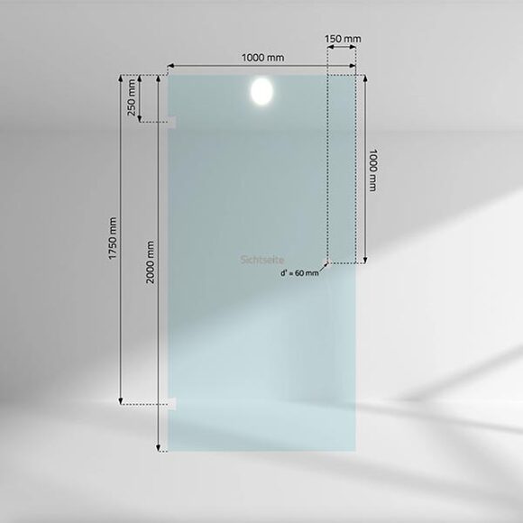 Rendering einer Glasscheibe aus unserem Online Glas Konfigurator mit Maßangaben für Ausschnitte Rendering einer Glasscheibe aus unserem Online Glas Konfigurator mit Maßangaben für Ausschnitte
