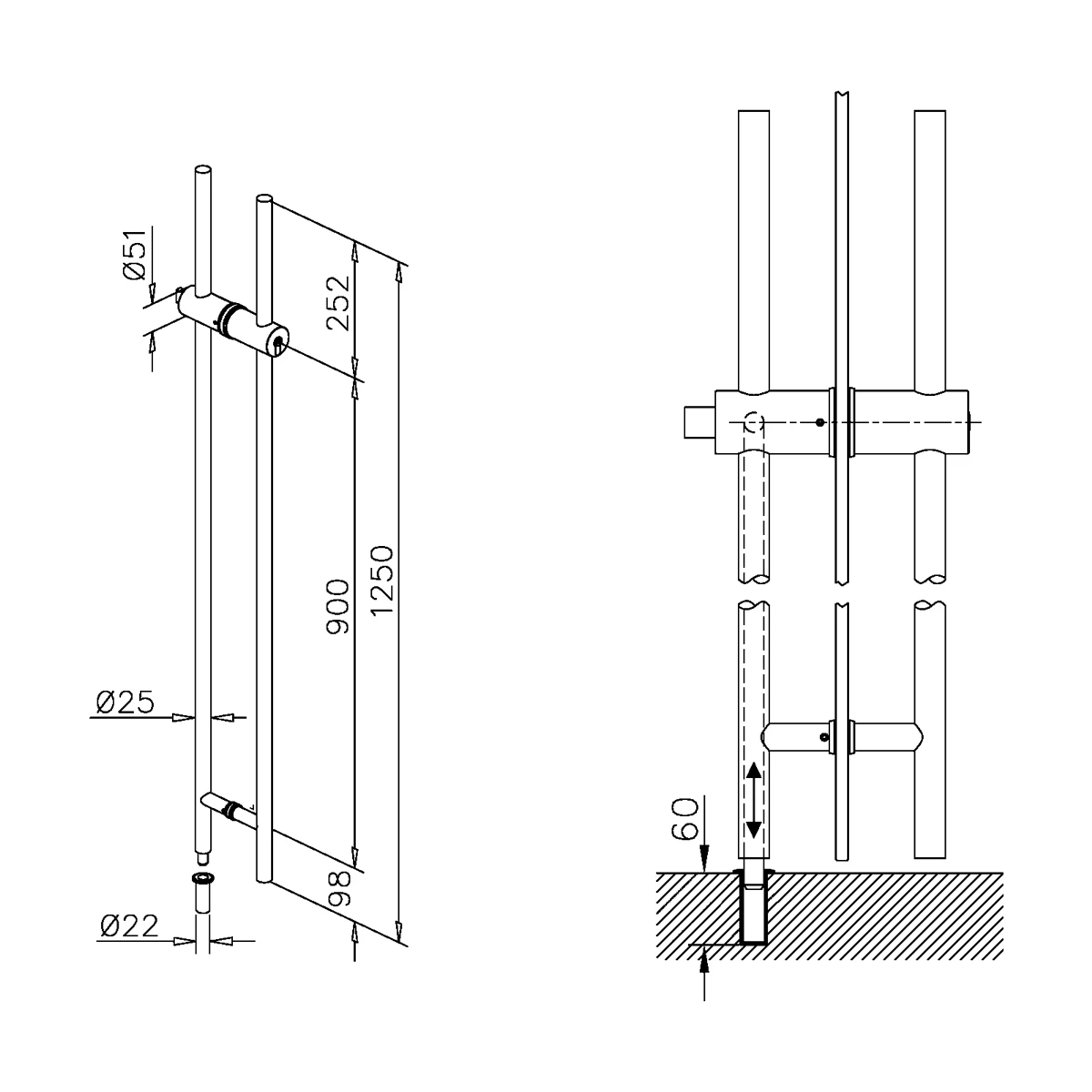 Door handle, double-sided, 47020x025xx Türgriff, zweiseitig, 47020x025xx