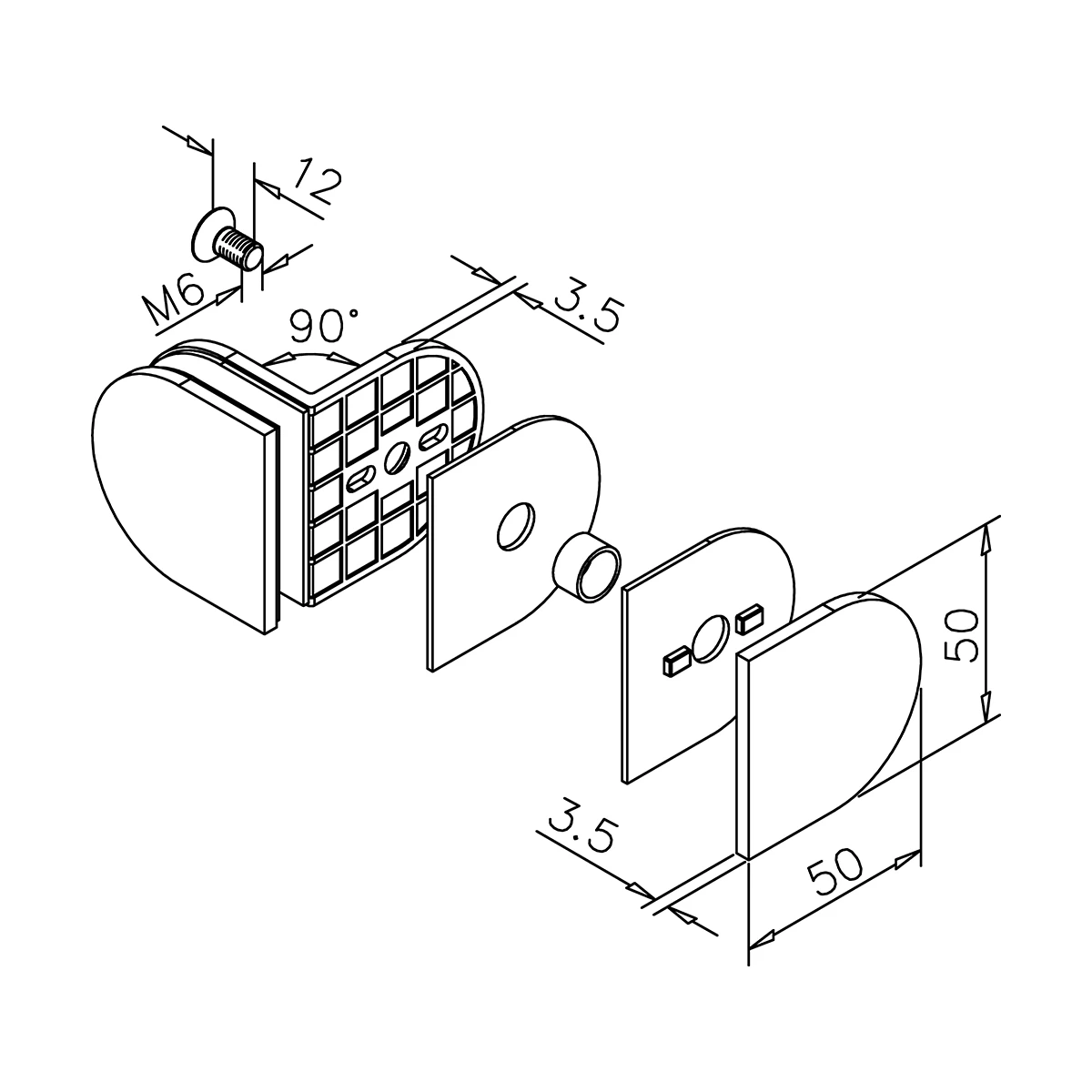 Glasverbinder 90°, afgerond, 400101090xx Glasverbinder 90°, abgerundet, 400101090xx