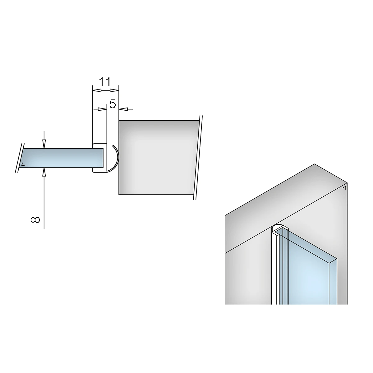 Wall seal for glass door, 194015000xx Wanddichtung für Glastür, 194015000xx