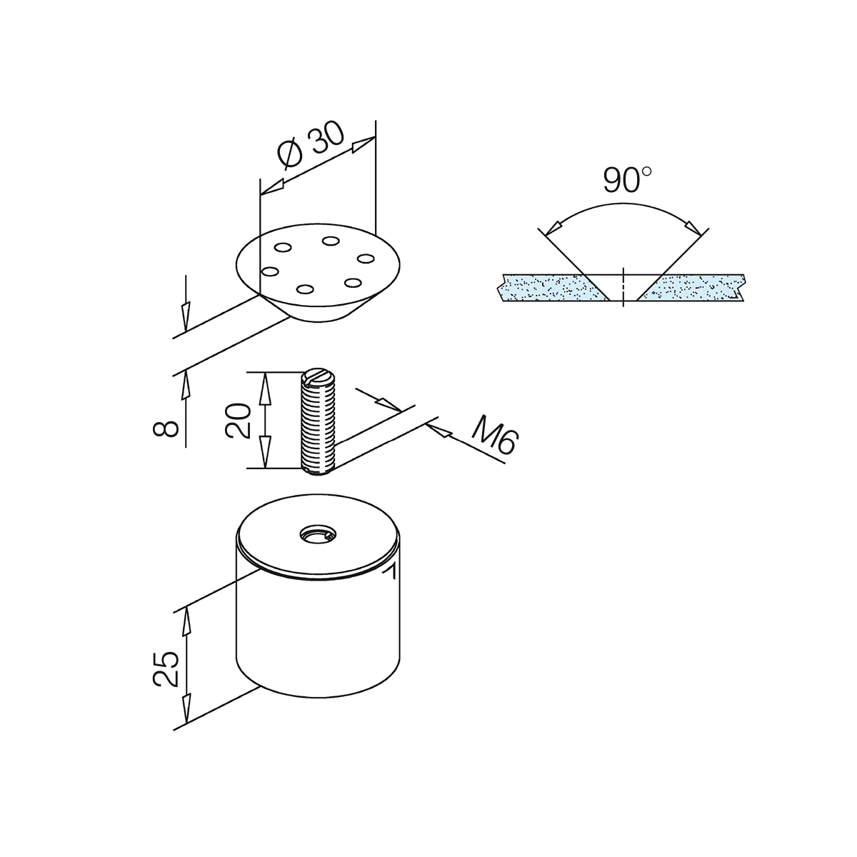 Glass support with sunken cap, 7711075101912 Glashalter mit Senkkopf, 7711075101912
