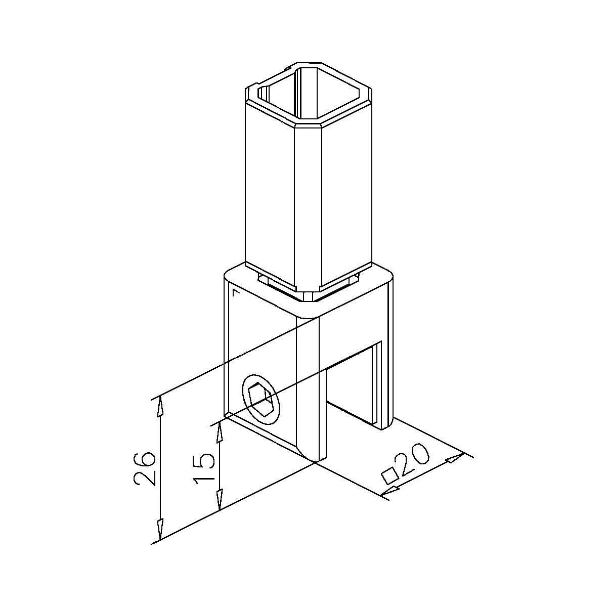 Glass holder for square tube 20 x 20 mm, Deckenmontage, 400837420xx Glashalter für Vierkantrohr 20 x 20 mm, Deckenmontage, 400837420xx
