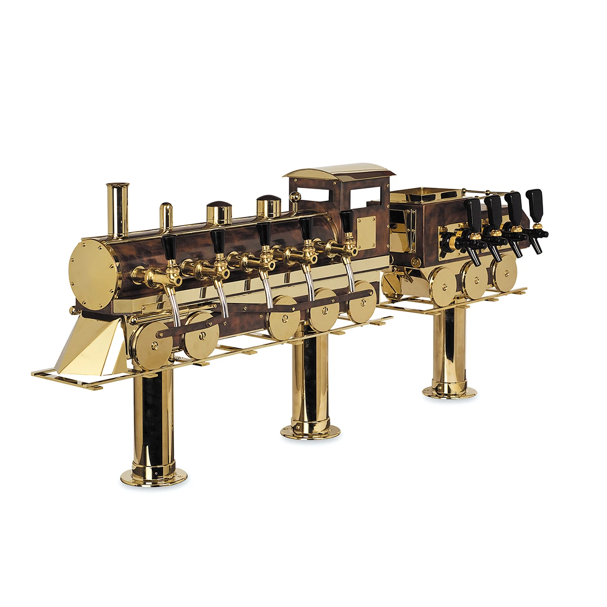 Schanksäule der Custom LIne in Messing mit mehreren Zapfhähne in Modell einer Lok.